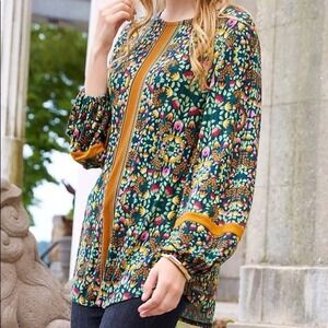 Matilda Jane Floral Blouse Brown Trim Long‎ Sleeve Top Bohemian S